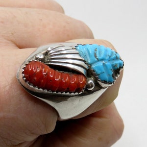 Vintage Huge Sterling Silver Navajo Zuni Carved Leaf Turquoise & Coral Ring size Z+3 (USA 14) signed by the artisan