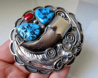 Vintage Sterling Silver Turquoise & Coral Belt Buckle by Navajo artisan Apachito 82.2 grams