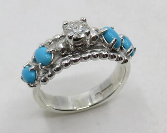 Sterling Silver Diamond & Turquoise Navajo Wedding Engagement Stacker Ring 0.25cts Diamond
