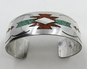 Vintage Sterling Silver Navajo Crushed Turquoise Coral Bangle Cuff 36.1 grams signed by the artisan Gibson Gene