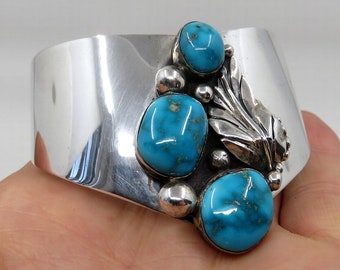 Vintage Rare Sterling Silver Navajo Turquoise Bangle Cuff 44.5 grams signed by the artisan DZ