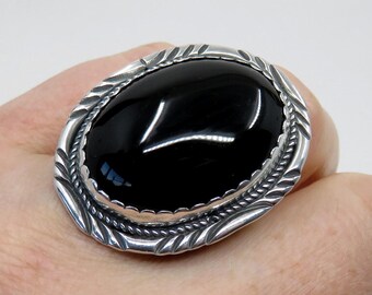 Solid Sterling Silver Oval Onyx Navajo Stamped Detail Ring size X (USA 11.75)