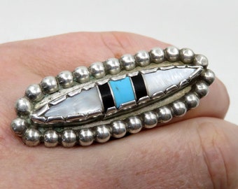 Vintage Solid Sterling Silver Navajo Inlaid Mother Of Pearl Turquoise Onyx Statement Ring size U (10.5)