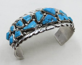 Vintage Sterling Silver Navajo Multi Turquoise Cuff Bangle by artisan Wayne Calavaza 60.8 grams