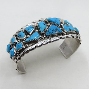 Vintage Sterling Silver Navajo Multi Turquoise Cuff Bangle by artisan Wayne Calavaza 60.8 grams