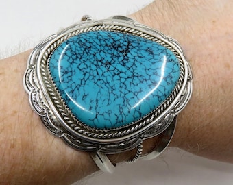 Vintage Huge Sterling Silver Navajo Turquoise Bangle Cuff by the artisan Wilbert Benally 87.5 grams Old Pawn