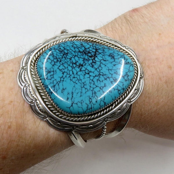 Vintage Huge Sterling Silver Navajo Turquoise Bangle Cuff by the artisan Wilbert Benally 87.5 grams Old Pawn