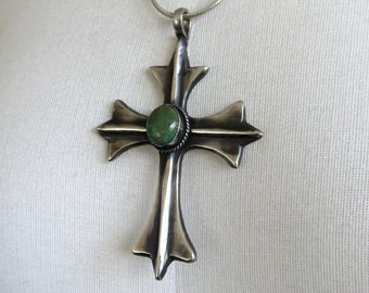 Vintage Sterling Silver Turquoise Navajo Tufa Sand Cast Naja Cross Pendant by the artisan Eugene Mitchell 32 grams