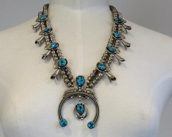 Vintage Sterling Silver Navajo Turquoise Squash Blossom Necklace 24" Length 95 grams signed by the artisan Randall Endito