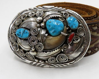 Vintage Sterling Silver Turquoise & Coral Belt Buckle by Navajo artisan M Thomas Jr 88 grams