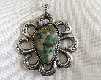 Solid Sterling Silver Huge Stamped Navajo Turquoise Pendant by You Got The Silver