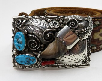 Vintage Sterling Silver Turquoise & Coral Belt Buckle by Navajo artisan Sylvia Chee 62 grams