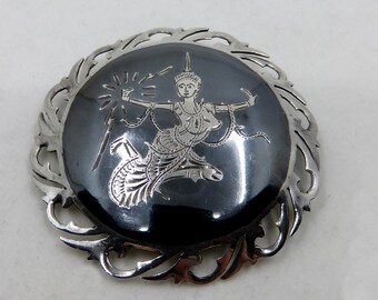 Vintage Siam Sterling Silver Niello Storyteller Brooch 7.6 grams