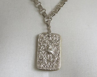 Vintage Victorian 1876 Solid Sterling Silver Dance Card Bookchain Repousse Pendant 18" length 66 grams by London Silversmith James Beebe