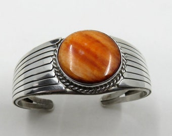 Vintage Sterling Silver Navajo Orange Spiny Oyster Bangle Cuff by the artisan James Taylor 31.2 grams