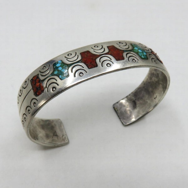 Vintage Early 70s Sterling Silver Navajo Crushed Turquoise Coral Bangle Cuff 33.5 grams signed by the artisan William Singer
