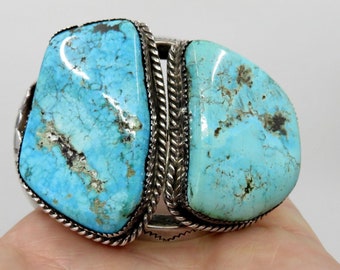 Vintage Huge Sterling Silver Navajo Turquoise Bangle Cuff signed by the artisan Old Pawn 145 grams