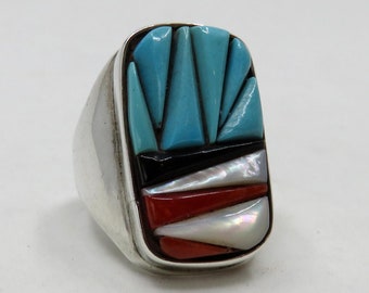 Vintage Solid Sterling Silver Navajo Inlaid Mother Of Pearl Turquoise Onyx Coral Statement Ring size S (9.5)