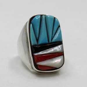 Vintage Solid Sterling Silver Navajo Inlaid Mother Of Pearl Turquoise Onyx Coral Statement Ring size S (9.5)