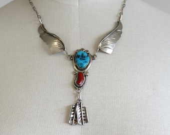 Vintage Sterling Silver Navajo Turquoise Coral Feather Necklace Pendant 16" Length - 17.5 grams by the artisan Melssa Yazzie Old Pawn