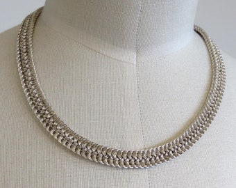 Vintage Rajasthan Indian Sterling Silver Chainmail Woven Link Necklace Choker 17" Length 62 grams