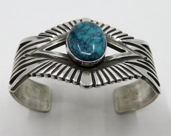 Vintage Sterling Silver Navajo Tufa Cast Turquoise Stamped Bangle Cuff 60 grams Old Pawn