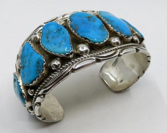 Vintage Huge Sterling Silver Navajo Turquoise Bangle Cuff by the artisan Richard T Thomas 84.5 grams Old Pawn