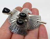 Vintage Navajo Sterling Silver Thunderbird Onyx Hair Barrette Clip Slide 23.4 grams signed by the artisans Albert Jeanette Cleveland
