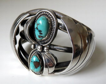 Vintage Huge Sterling Silver Navajo Turquoise Overlay Bangle Cuff 90 grams