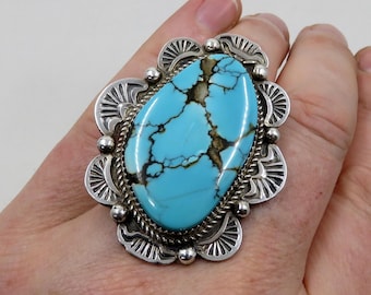 Vintage Solid Sterling Silver Navajo Turquoise Statement Ring by the artisan Gilbert Tom  size V (11) 31.5 grams