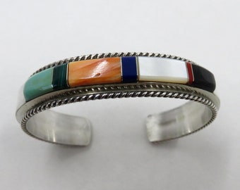 Vintage Sterling Silver Navajo Turquoise Coral Spiny Oyster Onyx Mother Of Pearl  Lapis Lazuli Bangle Cuff signed by the artisan 25.7 grams