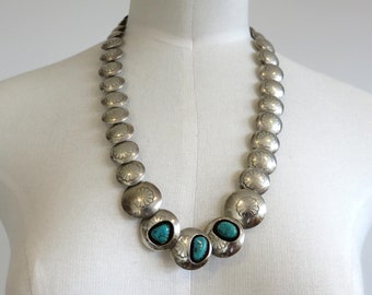 Vintage Sterling Silver Stamped Navajo Bead Necklace Set with Sleeping Beauty Turquoise Graduated 24" length 77.5 grams Old Pawn