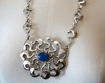 Vintage Sterling Silver Blue Agate Floral Sun Pendant necklace 20" Length 94.2 grams Gümüş 925