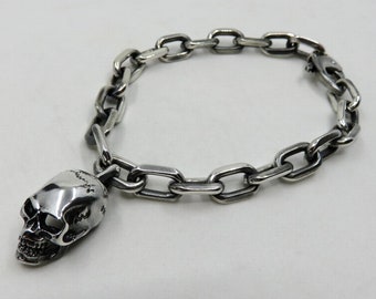 Solid Sterling Silver Marine Link Chain Memento Mori Victorian Skull Bracelet 53.5 grams