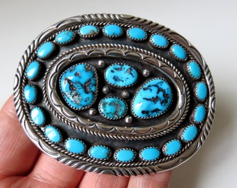 Vintage Sterling Silver Navajo Multi Turquoise Stamped Belt Buckle signed by the artisan Rose & Alvin Boy