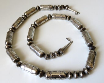 Vintage Huge Sterling Silver Navajo Stamped Old Pawn Tubular Bead Necklace 27-28" length 95 grams