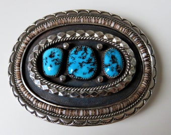 Vintage Sterling Silver Navajo Turquoise Stamped Belt Buckle Shell Detail signed by the artisan Rose & Alvin Boy