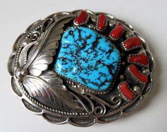 Vintage Sterling Silver Navajo Turquoise & Coral Belt Buckle Overlay Applique signed by the artisan Apachito