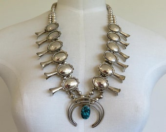 Vintage Sterling Silver Navajo Turquoise Squash Blossom Concho Necklace 24" Length 124 grams