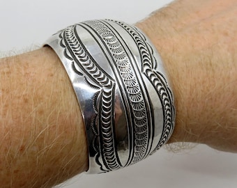 Vintage Huge Sterling Silver Navajo Stamped Bangle Cuff 81 grams signed by the artisan Carson Blackgoat