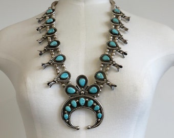 Vintage Sterling Silver Navajo Turquoise Squash Blossom Necklace 24" Length 186 grams