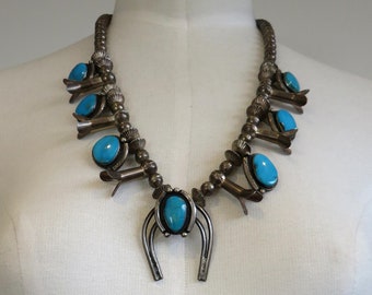 Vintage Sterling Silver Navajo Turquoise Squash Blossom Necklace Pendant Old Pawn 24" Length 118.5 grams