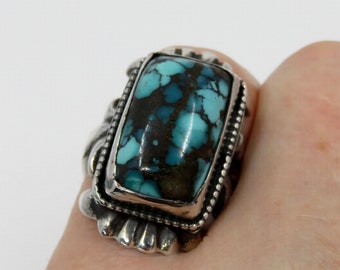 Solid Sterling Silver Navajo Rectangular Turquoise Ring by You Got The Silver size Q (USA 8.5)  19 grams