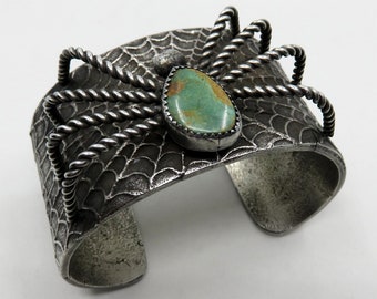 Vintage Huge Sterling Silver Navajo Tufa Cast Spider Turquoise Bangle Cuff 135.6 grams by artisan Jacob Troncosa