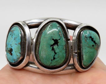 Vintage Huge Sterling Silver Navajo Shadowbox Turquoise Bangle Cuff signed by the artisan 97.2 grams Old Pawn