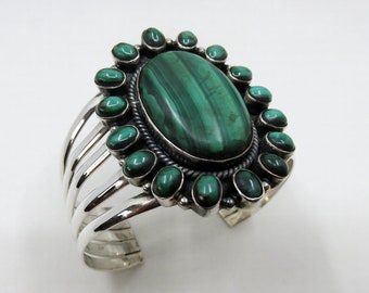 Vintage Huge Sterling Silver Taxco Navajo Style Malachite Bangle Cuff 81 grams