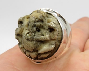 Vintage Solid Sterling Silver Carved Ganesh Hindu Indian Ring Size S (USA 9) Lord Ganesha