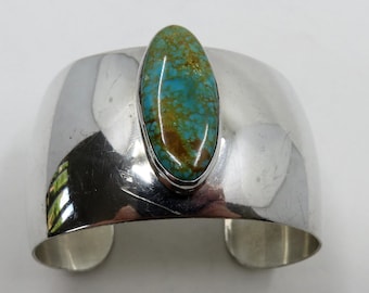 Vintage Sterling Silver Navajo Turquoise Bangle Cuff 53.7 grams signed by the artisan Sunrise