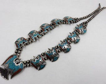 Vintage Sterling Silver Crushed Turquoise & Coral Peyote Bird Thunderbird Squash Necklace Old Pawn Navajo 25" Length 139 grams