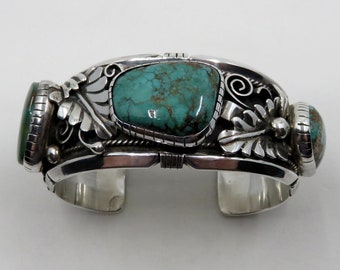 Vintage Huge Sterling Silver Navajo Overlay Turquoise Bangle Cuff signed by the artisan LS HABI 94 grams